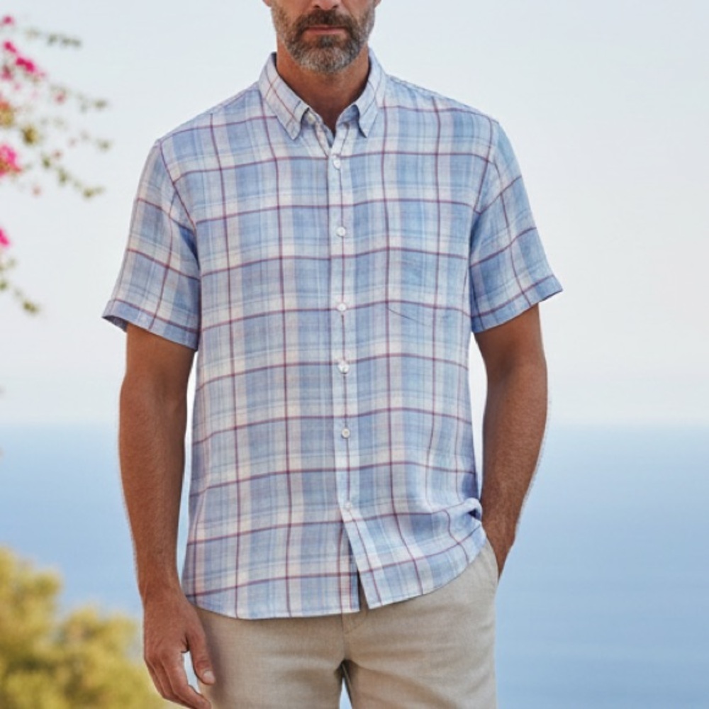 Plaid UNTUCKit Matisco 100% Linen Short Sleeve Button Down Shirt Size XXL 2XL